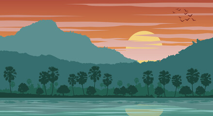 Silhouette scenery of country landscape of Asia on tropical area with palm trees and the river,vector illustration