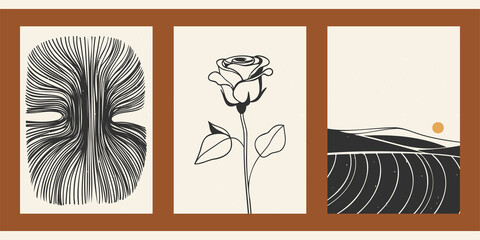 Set of three abstract minimalist aesthetic backgrounds with sun, landscape, thin lines, patterns, plant. Trendy black and gold vector illustration for social media, web design in vintage boho style.