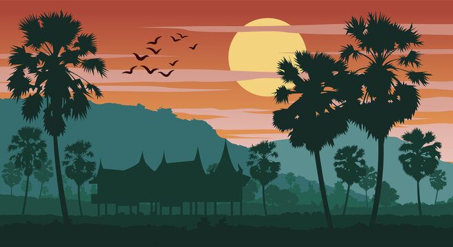 Silhouette scenery of country landscape of Asia on tropical area with palm trees and the house on sunset time,vector illustration