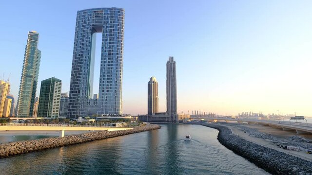 Dubai, UAE 25 February, 2021: Marina JBR Blue Waters Ain Boat Beach Holidays Arab Yacht Cruise Evening City Life