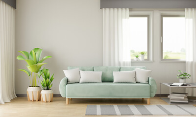 Green sofa in living room interior, 3D rendering
