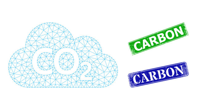 Network carbon dioxide cloud image, and Carbon blue and green rectangle textured stamp seals. Mesh carcass symbol designed with carbon dioxide cloud icon.