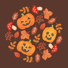 色鉛筆手描き風　ハロウィン　秋の葉っぱとキノコとカボチャのグラフィック素材