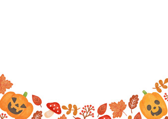 色鉛筆手描き風　ハロウィン　秋の葉っぱとキノコとカボチャのフレーム