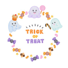 色鉛筆手描き風　ハロウィン　お菓子と3匹のお化けのトリックオアトリート　フレーム