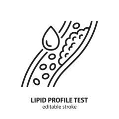 Lipid profile test icon. Cholesterol in human blood vessel line symbol. Atherosclerosis sign. Editable stroke. - 453146077