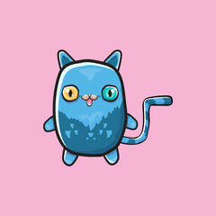 kawaii cute blue cat isolated on pink background. Cartoon happy blue baby kitten with big eyes