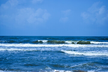 Ocean-Sea Waves, Mountains Rock Stones and Sky Blue Landscape Background