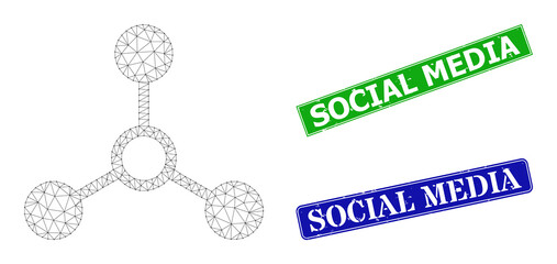 Network atom links image, and Social Media blue and green rectangular rubber stamps. Polygonal carcass image designed with atom links pictogram.