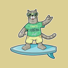 Cat surfer. Color vector icon Illustration. Suitable for children's clothing, t-shirt design, banner, flyer, sticker, card.