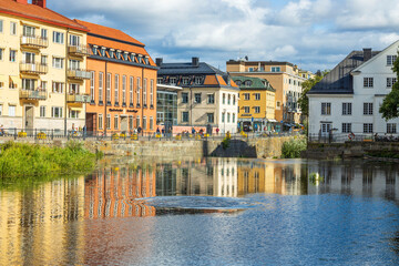 Beautiful landscape view on city from river side. Uppsala, Sweden, Europe. Beautiful backgrounds.