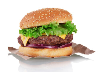 Fresh juicy burger with big cutlet and vegetables isolated on white