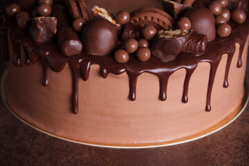 Variety of chocolate decorations and drips of icing on delicious chocolate cake