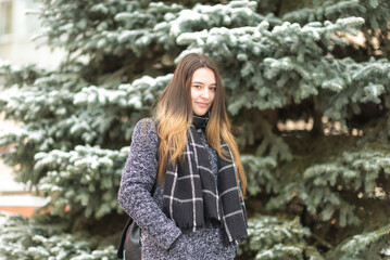 Portrait of a young beautiful long-haired girl in a winter park.