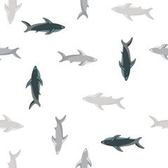 Isolated zoo marine seamless pattern with grey colored shark fish ornament. White background.