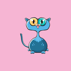 kawaii cute blue cat isolated on pink background. Cartoon happy blue baby kitten with big eyes