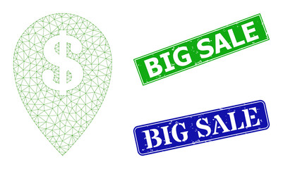 Polygonal bank map marker model, and Big Sale blue and green rectangle unclean seals. Mesh wireframe image created from bank map marker pictogram. Seals contain Big Sale text inside rectangle frame.