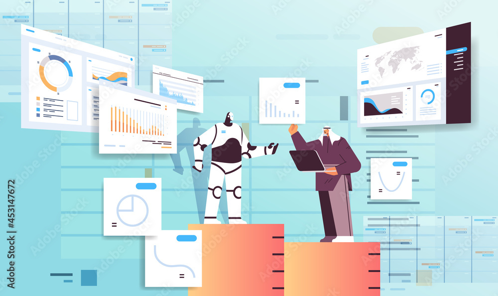 Poster robot with businessman analyzing statistics graphs financial data analyzing artificial intelligence 