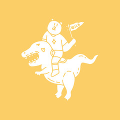 Trendy polar bear holding flags and ride a dinosaur illustration. Vector graphics for t-shirt prints and other uses.