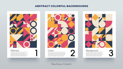 Minimal design covers. Simple geometric colorful Bauhaus pattern. Abstract trendy vintage retro style background. Poster mockup collection created with vector abstract elements.
