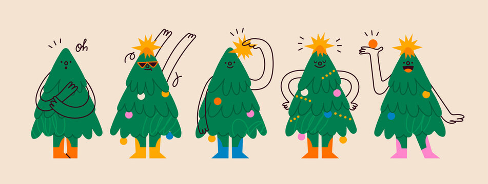 Set of funny Christmas tree characters with faces. Various emotions. Cartoon style. Merry Christmas, New year concept. Trees with hands, legs, garland with lights. Hand drawn Vector illustration.