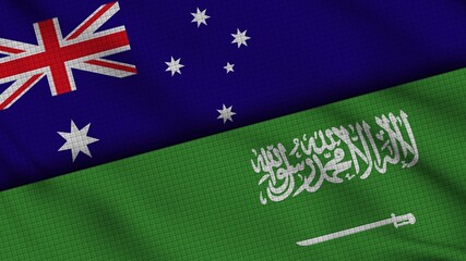 Australia and Saudi Arabia Flags Together, Wavy Fabric, Breaking News, Political Diplomacy Crisis Concept, 3D Illustration