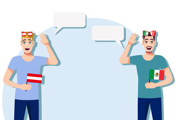 Men with Austrian and Mexican flags. Background for the text. Communication between native speakers of the language. Vector illustration.