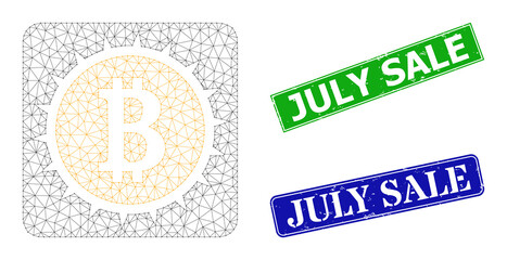 Polygonal bitcoin box image, and July Sale blue and green rectangle scratched stamps. Polygonal carcass image designed with bitcoin box pictogram. Seals contain July Sale text inside rectangle frame.