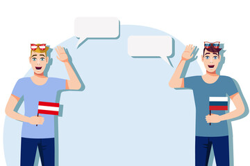 Men with Austrian and Russian flags. Background for text. Communication between native speakers of Austria and Russia. Vector illustration. 