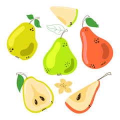 Set of hand drawn pears. Modern flat illustration.