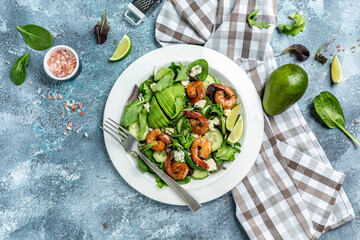 Seafood salad with avocado, blue cheese and smoked shrimps. Homemade vegetarian shrimp salad. banner, menu recipe place for text, top view