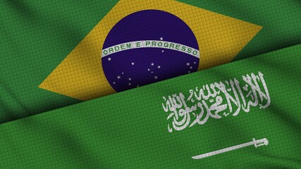 Brazil and Saudi Arabia Flags Together, Wavy Fabric, Breaking News, Political Diplomacy Crisis Concept, 3D Illustration