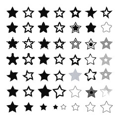 Star shape icon. Set of isolated black stars. Contour drawing. 