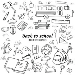 Back to school doodle set. Hand drawn black and white sketch elements about education. 1 september drawings. Vector illustration.