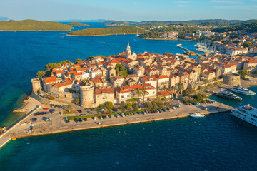 Fototapeta na wymiar Aerial view of Korcula town on Korcula island, Adriatic Sea, Croatia