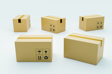 parcel box on white background, multiple view of parcel box, 3d illustration rendering