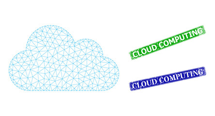 Mesh cloud image, and Cloud Computing blue and green rectangle textured seal prints. Mesh carcass image is based on cloud icon. Stamp seals have Cloud Computing caption inside rectangular form.