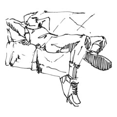 Vector sketchy illustration of a young handsome man lying on a couch
