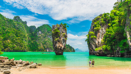 Panorama amazed nature scenic landscape James bond island with couple traveler Phang-Nga bay,...