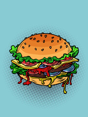 juicy multi-layered burger with cutlet and tomato salad, fast food and street restaurants