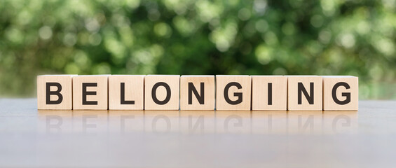 BELONGING word written on wooden blocks. The text is written in black letters and is reflected in...