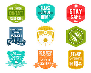 Coronavirus caution badges collection. Covid-2019 stay safe advice labels. Wash hands, wear the mask and other. Stock isolated