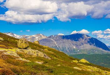 Naklejka na ściany i meble Beautiful valley panorama Norway Hemsedal Hydalen with snowed in Mountains.