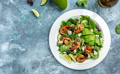 Seafood salad with avocado, blue cheese and smoked shrimps. Homemade vegetarian shrimp salad. banner, menu recipe place for text, top view