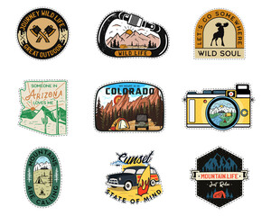 Vintage camp patches logos, mountain badges set. Hand drawn stickers designs bundle. Travel expedition, nature labels. Outdoor hiking emblems. Logotypes collection. Stock isolated on white - obrazy, fototapety, plakaty