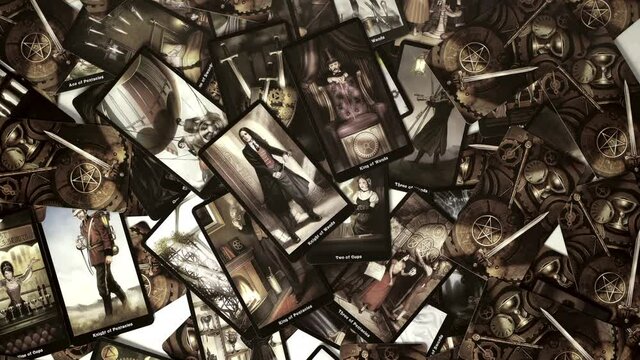 Blurred View of tarot card on the table,  Esoteric concept, fortune telling and predictions