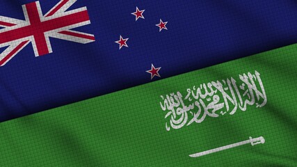New Zealand and Saudi Arabia Flags Together, Wavy Fabric, Breaking News, Political Diplomacy Crisis Concept, 3D Illustration