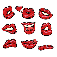 Set collection of red female lips. Sexy woman. Love and romance. Isolate on a white background.
