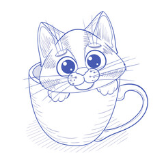 A cute kitten sits in a cup. Vector sketch drawn by hand. Illustration of a cat in cartoon style.