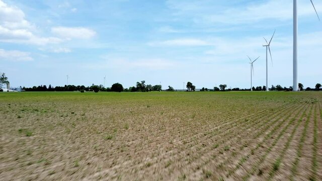 Renewable energy being generated by wind turbines on farmland creating sustainable electricity